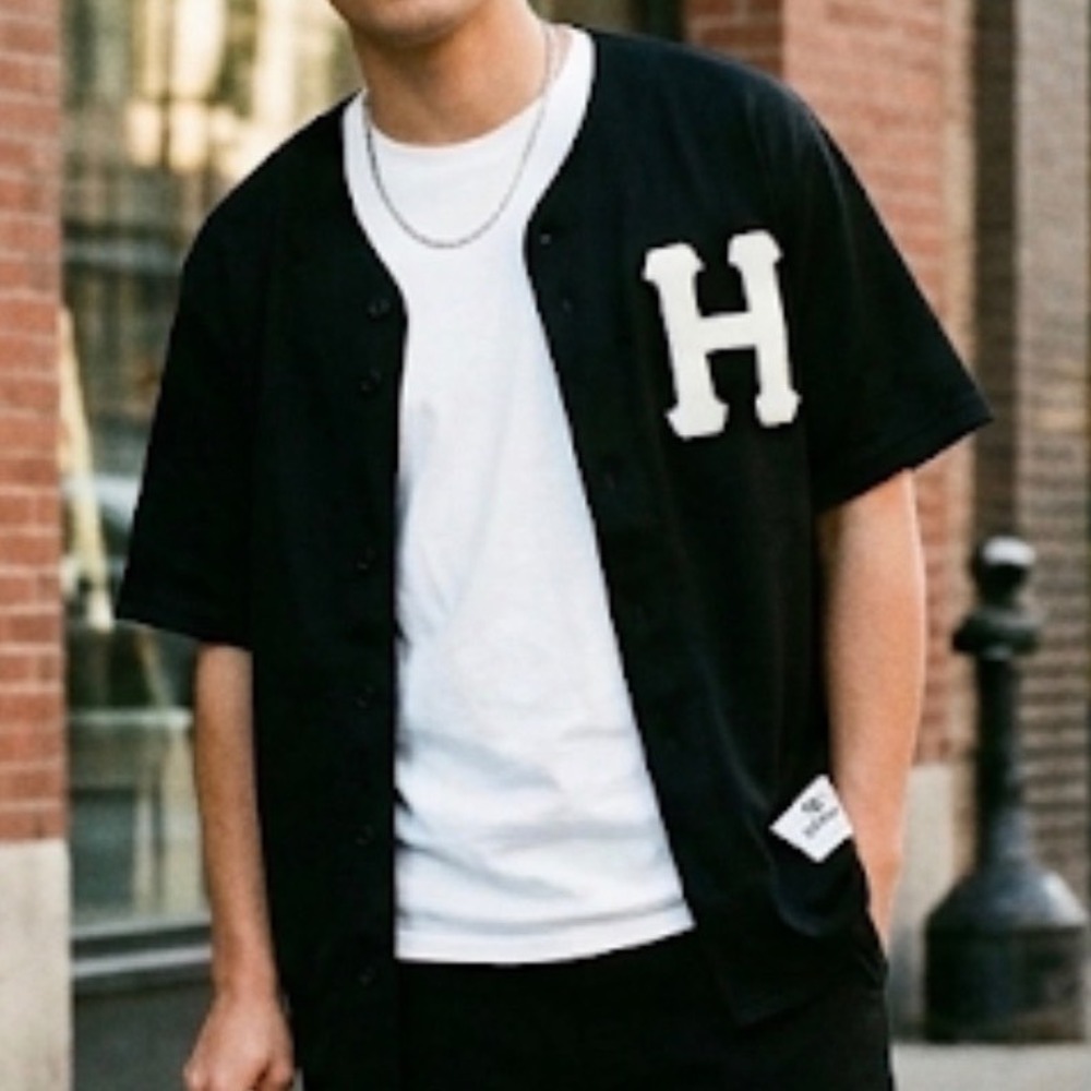 HUF Worldwide Mens Black Baseball Jersey Wool Feel Patch Logo Shirt Size L